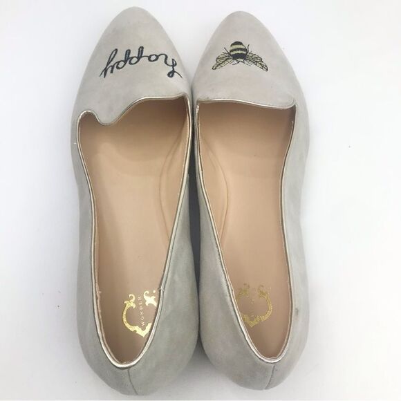 C Wonder Creamy Taupe Suede Leather Be Happy Embroidered Ballet Slipper Flats - Picture 7 of 16